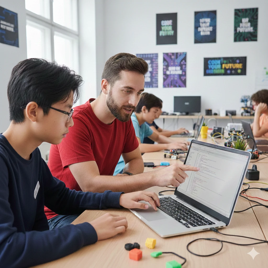Adolescent apprenant à coder en Python guidé par un animateur
