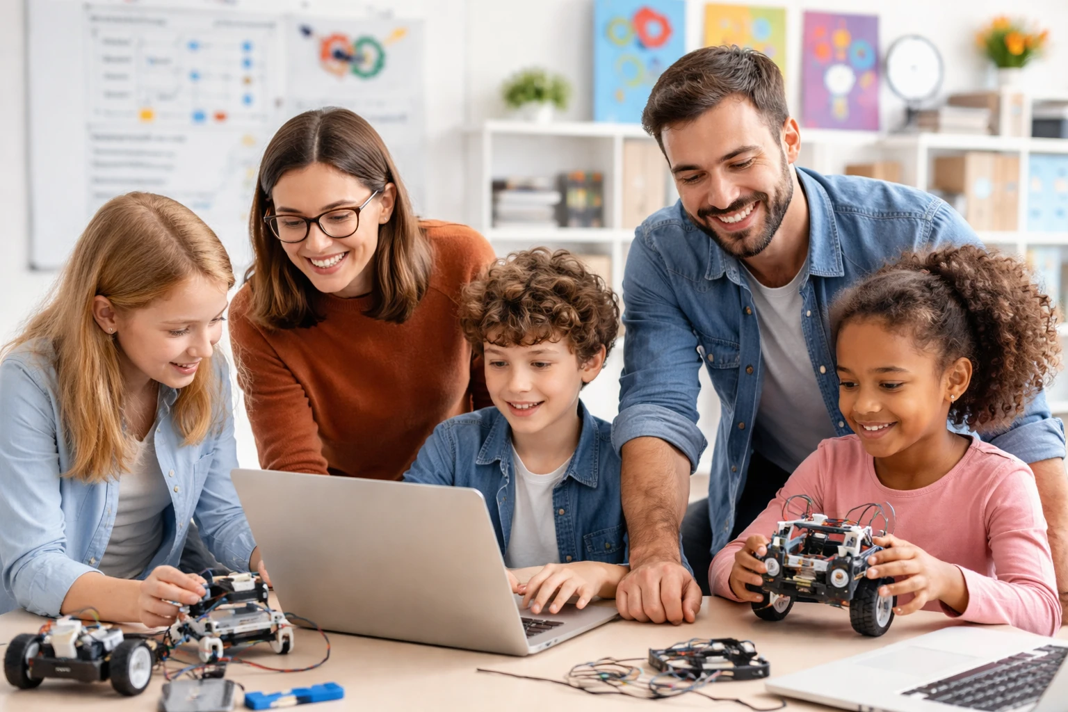 Enfants et animateurs lors d'un atelier robotique